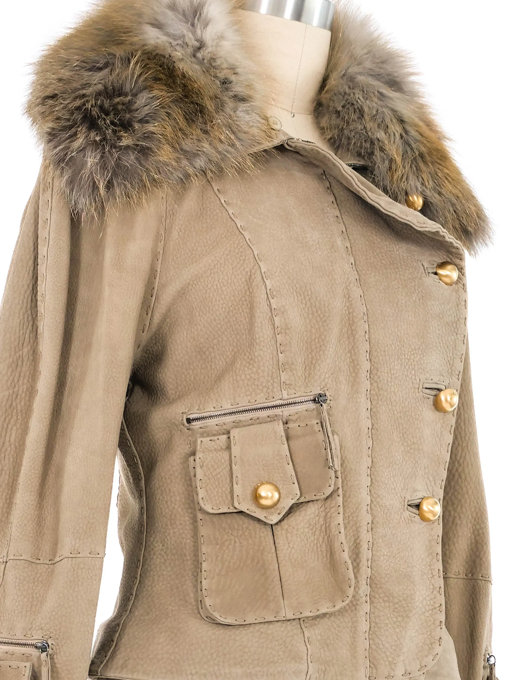 2000s Fendi Fur Trimmed Suede Cargo Jacket