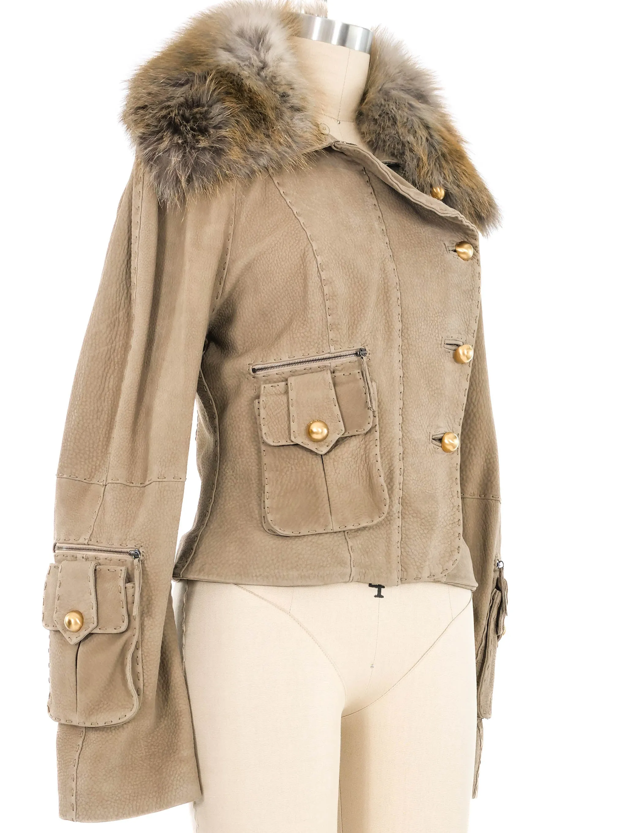 2000s Fendi Fur Trimmed Suede Cargo Jacket