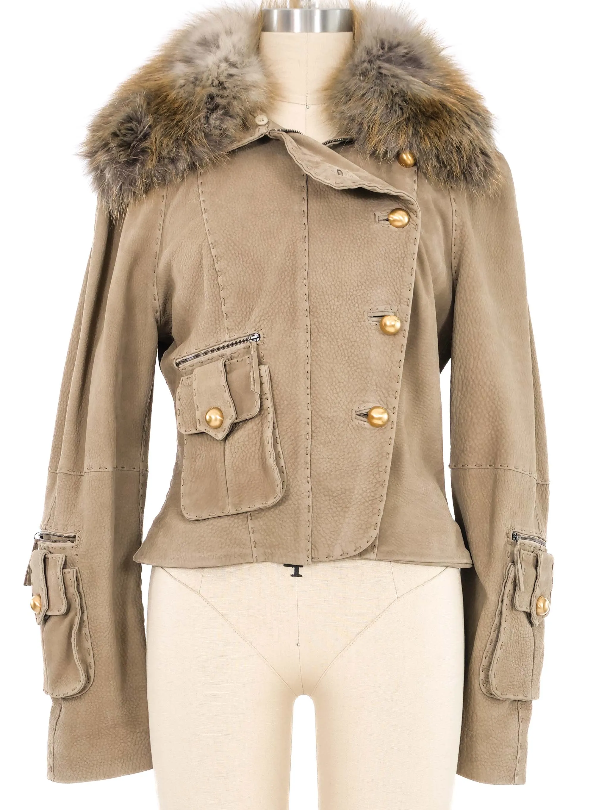 2000s Fendi Fur Trimmed Suede Cargo Jacket