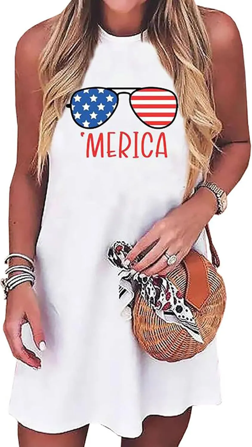 American Flag Tank Dress for Women 4th of July Patriotic Graphic Sleeveless Mini Dress Casual Vacation Short Dresses