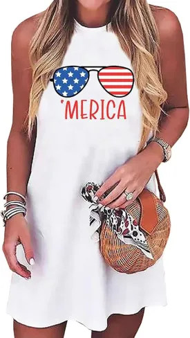 American Flag Tank Dress for Women 4th of July Patriotic Graphic Sleeveless Mini Dress Casual Vacation Short Dresses