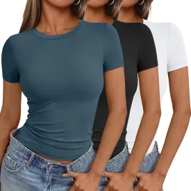 AUTOMET Womens 3 Piece Short Sleeve Shirts Basic Going Out Slim Fitted Crop Tops 2025 Summer Y2k Clothes