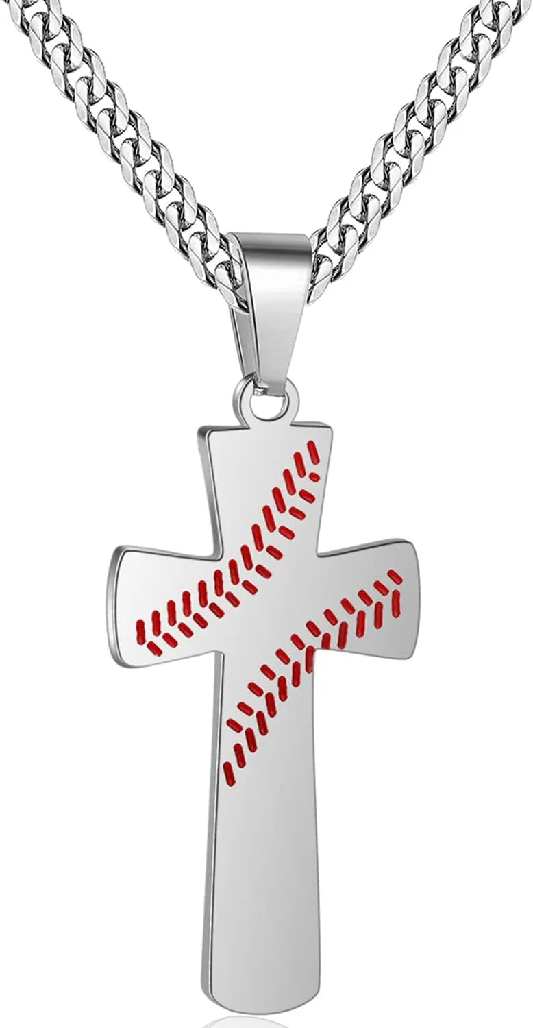 Baseball Cross Necklace Pendant for Men Bible Verse I CAN DO All Things Stainless Steel Sport Jewelry for Men 23" Cuban Chain