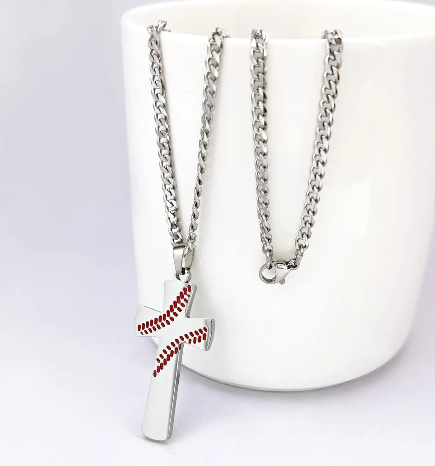 Baseball Cross Necklace Pendant for Men Bible Verse I CAN DO All Things Stainless Steel Sport Jewelry for Men 23" Cuban Chain