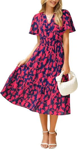 BerryGo Women's Floral Summer Short Sleeve Midi Dress V Neck Empire Waist Swing Flowy Boho Dress