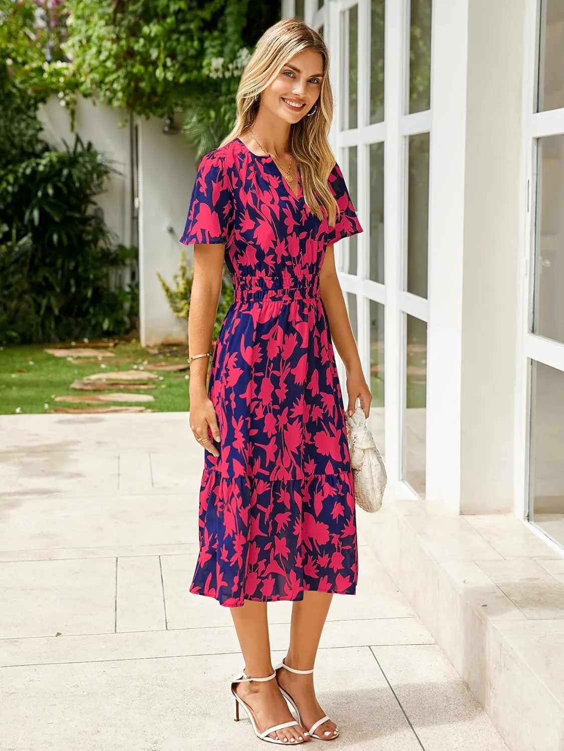 BerryGo Women's Floral Summer Short Sleeve Midi Dress V Neck Empire Waist Swing Flowy Boho Dress