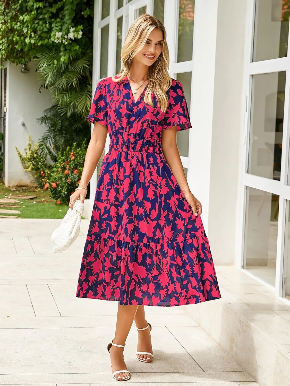 BerryGo Women's Floral Summer Short Sleeve Midi Dress V Neck Empire Waist Swing Flowy Boho Dress