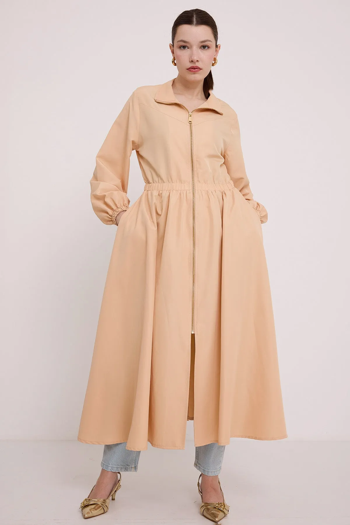 BGD Women Woman Beige Zippered Long Trench Coat 5912 - Avondale