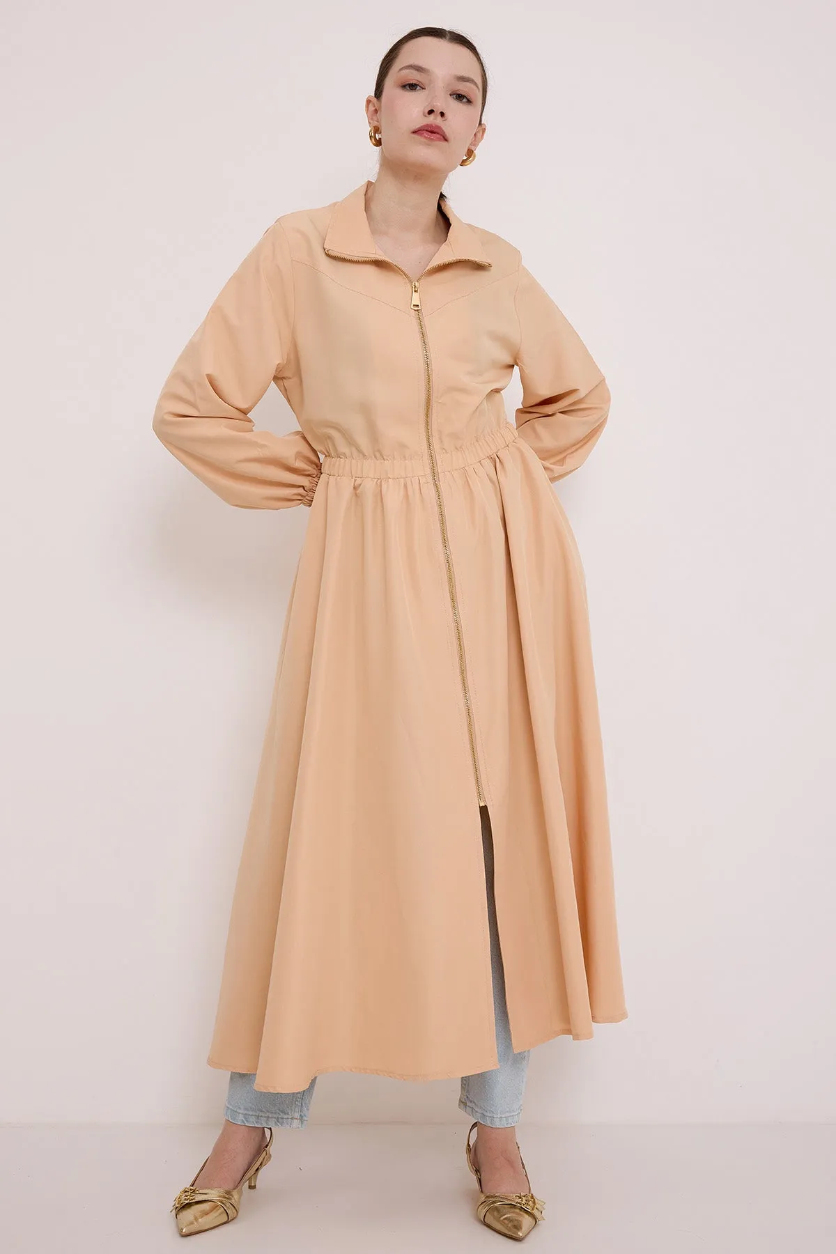 BGD Women Woman Beige Zippered Long Trench Coat 5912 - Avondale