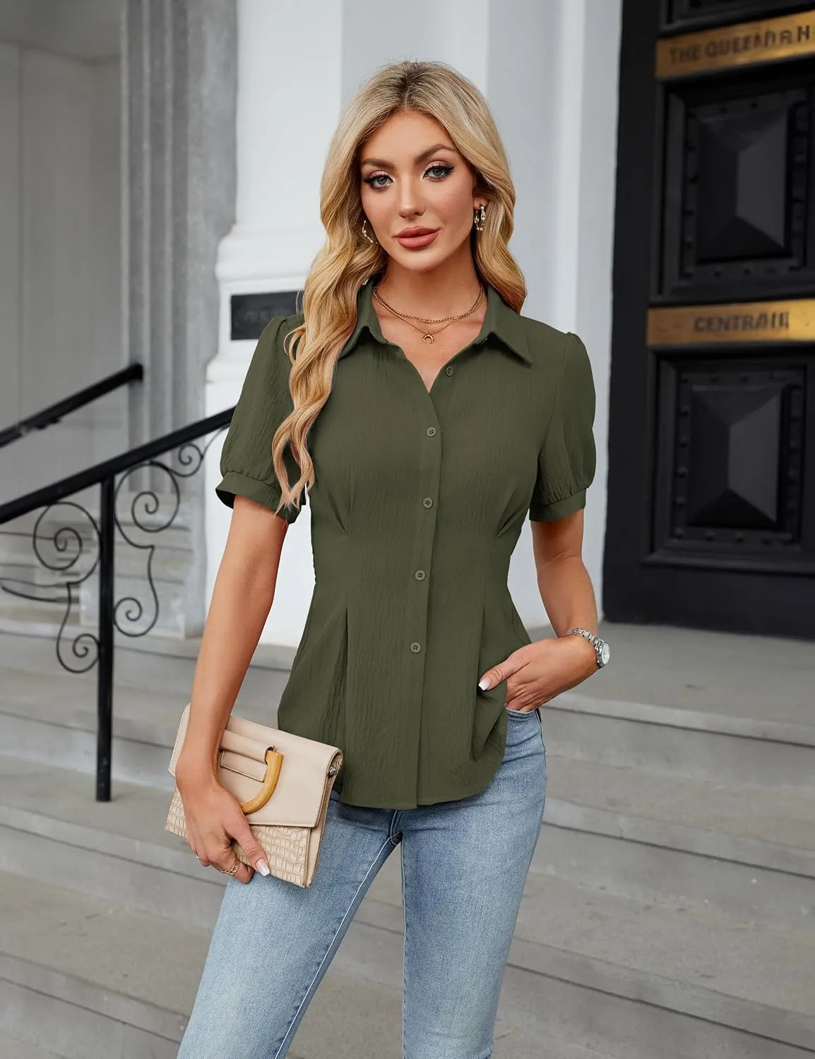 Blooming Jelly Womens Business Casual Tops Button Down Shirts Dressy Smocked Peplum Blouses Trendy Summer Outfits 2025