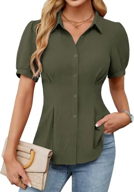 Blooming Jelly Womens Business Casual Tops Button Down Shirts Dressy Smocked Peplum Blouses Trendy Summer Outfits 2025
