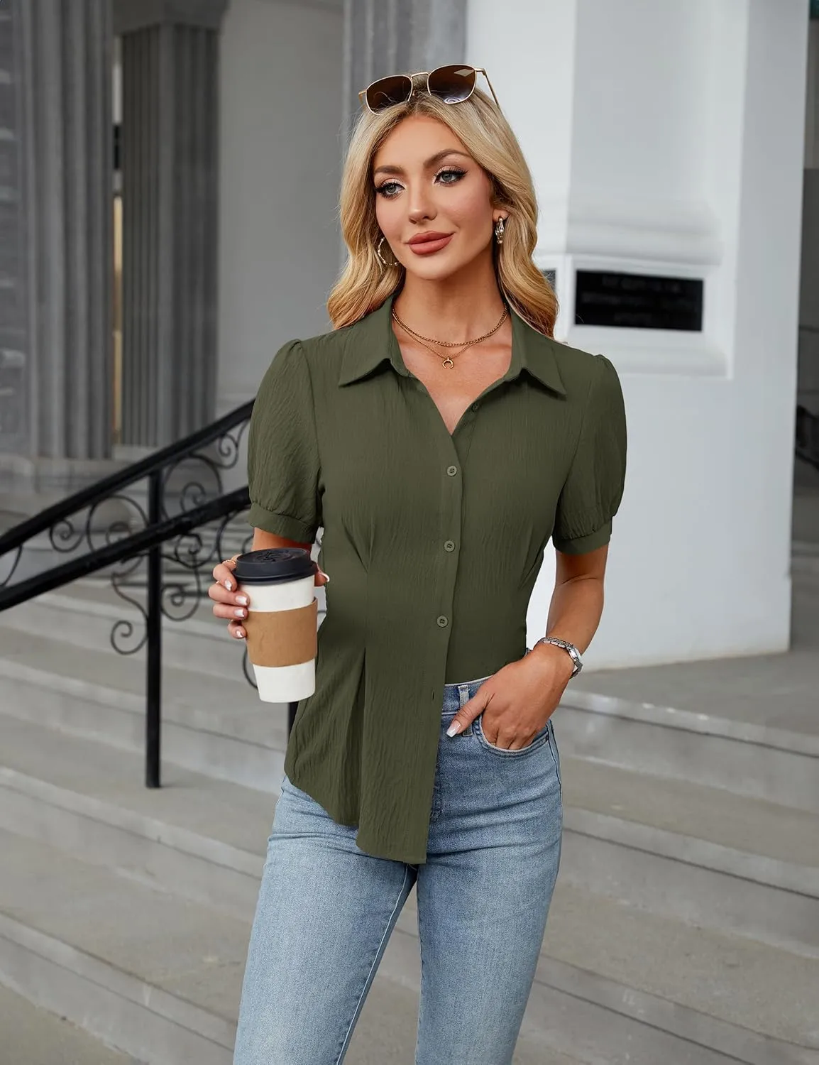 Blooming Jelly Womens Business Casual Tops Button Down Shirts Dressy Smocked Peplum Blouses Trendy Summer Outfits 2025