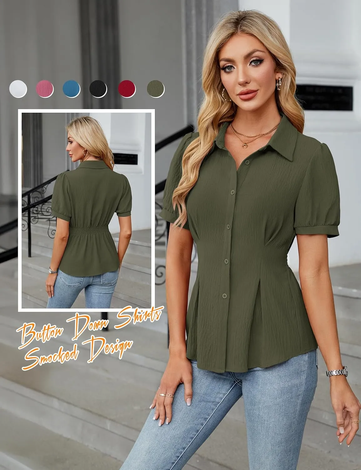 Blooming Jelly Womens Business Casual Tops Button Down Shirts Dressy Smocked Peplum Blouses Trendy Summer Outfits 2025
