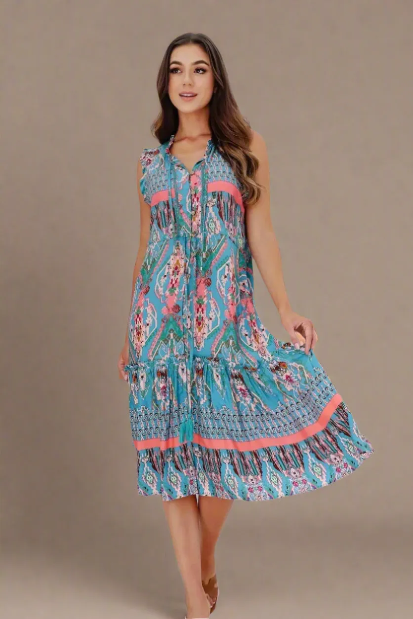 Button Neck Teal Summer Dress