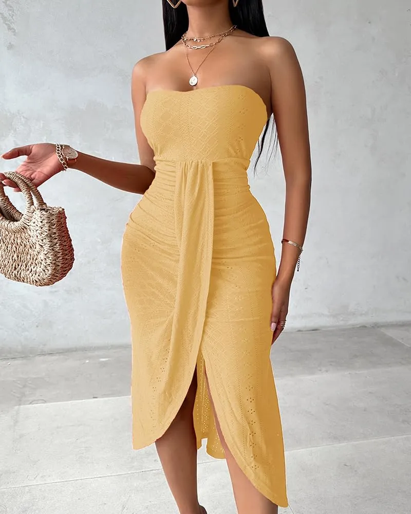 CHICME Women's Strapless Maxi Bodycon Dresses Wrap Asymmetrical Beach Maxi Long Dress Beach Sunset Dress