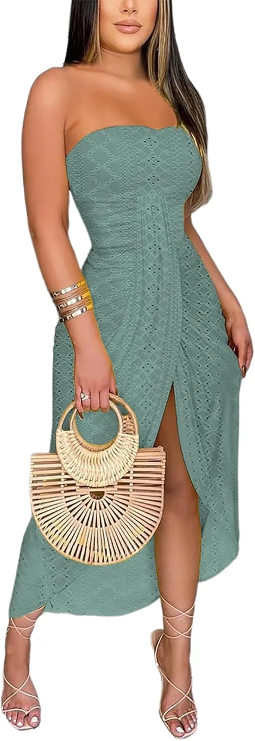 CHICME Women's Strapless Maxi Bodycon Dresses Wrap Asymmetrical Beach Maxi Long Dress Beach Sunset Dress