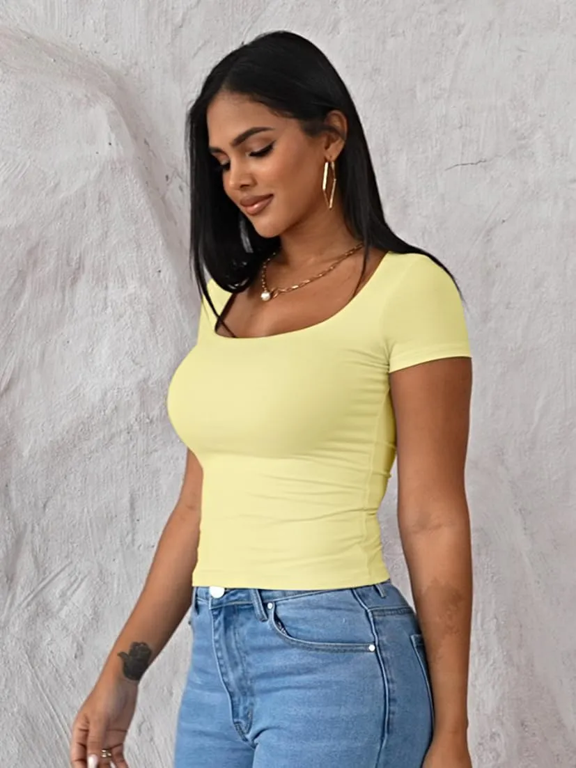 Dwnval Womens Sexy Short Sleeve Square Neck Tops Double Lined Basic Slim Fit Crop T Shirt 2025 Summer