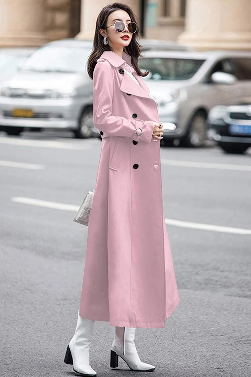 ebossy Women's Double Breasted Duster Trench Coat Slim Full Length Maxi Long Overcoat