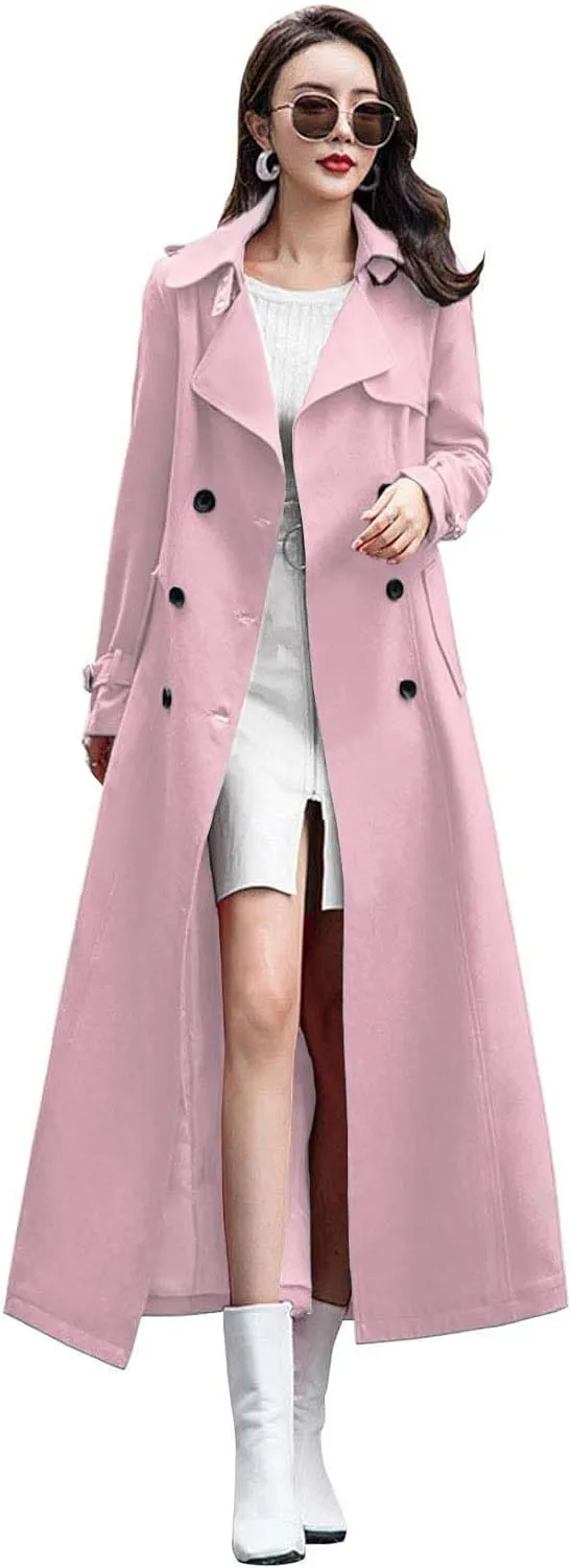 ebossy Women's Double Breasted Duster Trench Coat Slim Full Length Maxi Long Overcoat