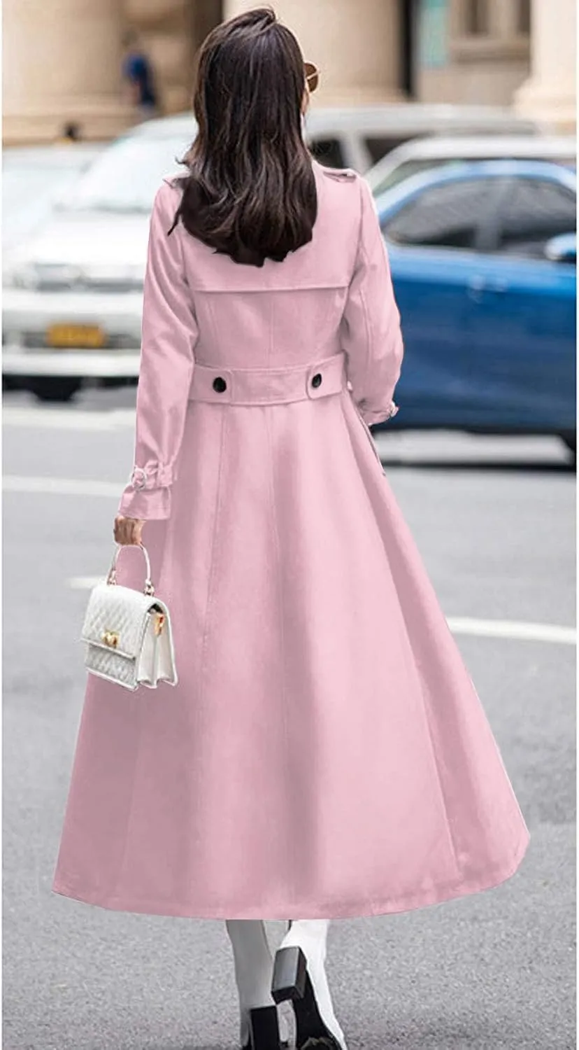 ebossy Women's Double Breasted Duster Trench Coat Slim Full Length Maxi Long Overcoat