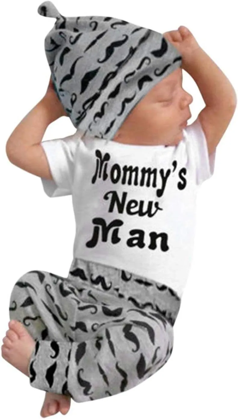 Eghunooy Newborn Baby Boy Clothes Letter Print Romper Pants Hat Infant 3PCS Outfits Set