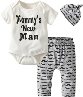 Eghunooy Newborn Baby Boy Clothes Letter Print Romper Pants Hat Infant 3PCS Outfits Set