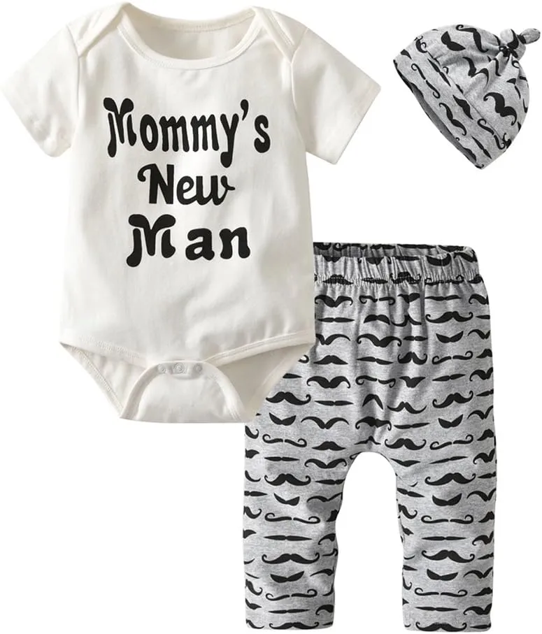 Eghunooy Newborn Baby Boy Clothes Letter Print Romper Pants Hat Infant 3PCS Outfits Set