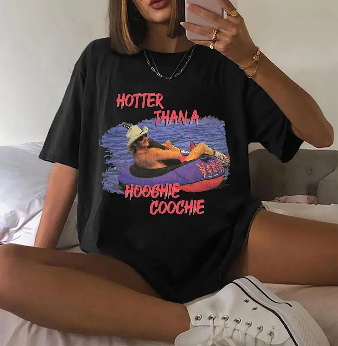 Hotter Than a Hoochie Coochie Oversized T Shirt Women Summer Beach Vacation Tops Vintage Graphic Country Music Tee