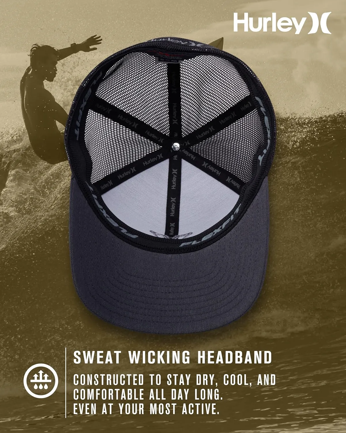 Hurley Men's Trucker Hat - Lightweight Breathable Stretch Mesh Back Curved Bill Baseball Cap with 3D Front Icon Logo