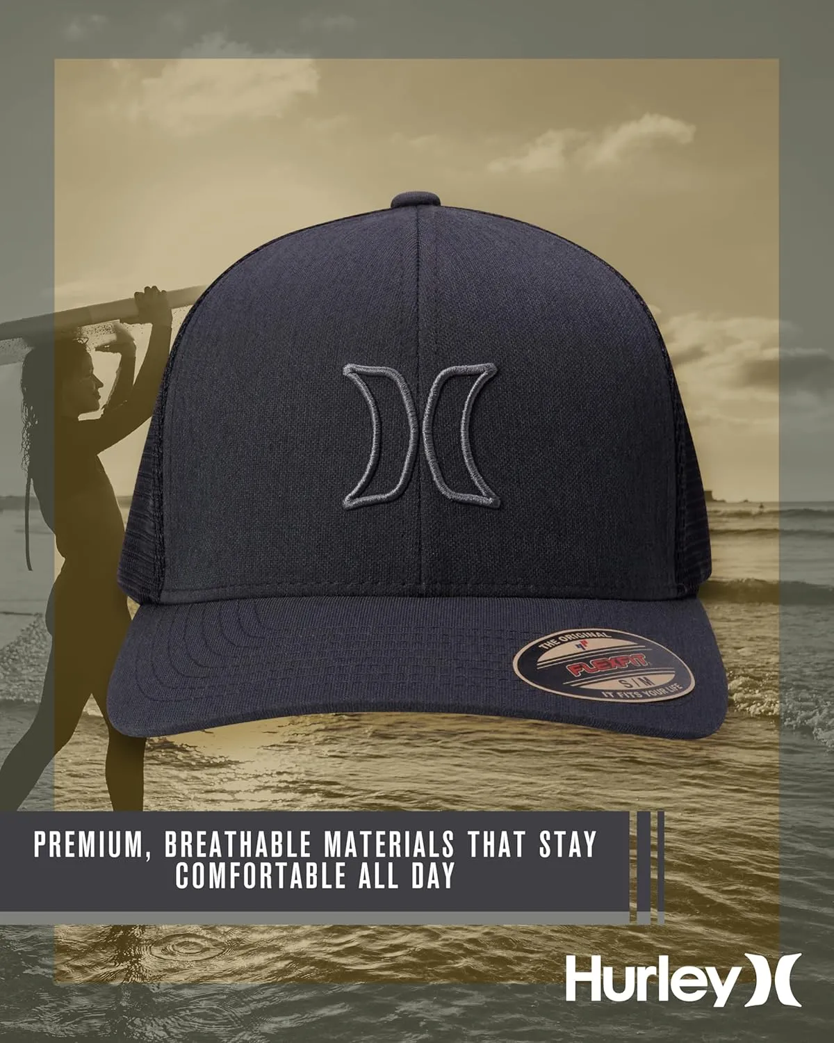 Hurley Men's Trucker Hat - Lightweight Breathable Stretch Mesh Back Curved Bill Baseball Cap with 3D Front Icon Logo