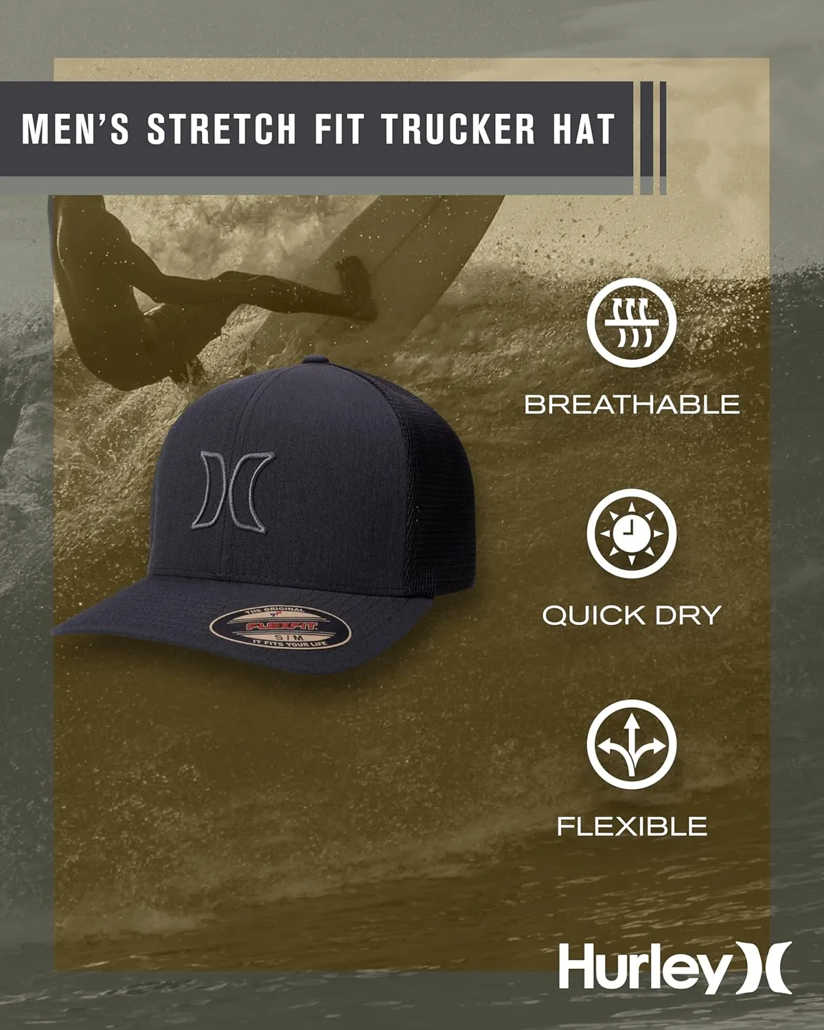 Hurley Men's Trucker Hat - Lightweight Breathable Stretch Mesh Back Curved Bill Baseball Cap with 3D Front Icon Logo