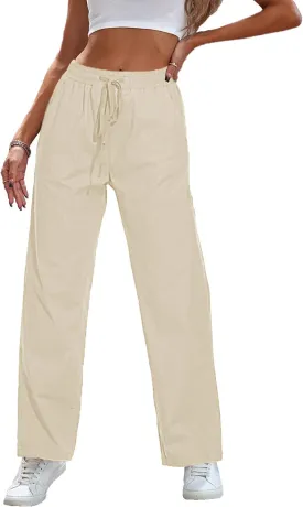 HVEPUO Womens High Waisted Casual Elastic Waist Drawstring Twill Pants Straight Leg Lightweight Cotton Trousers with Pockets