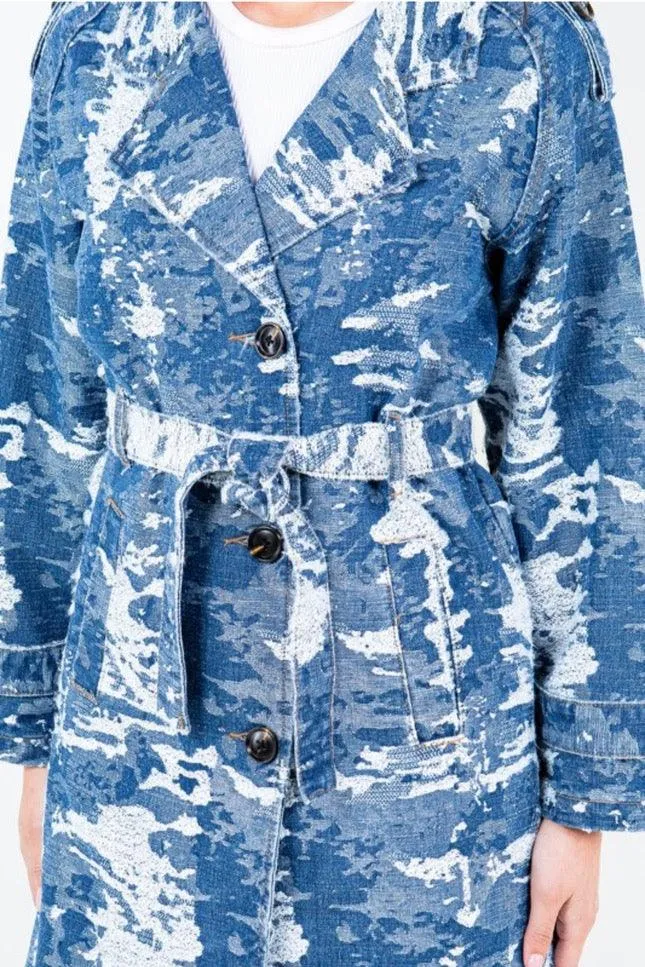 Jacquard Trim Long Trench Coat
