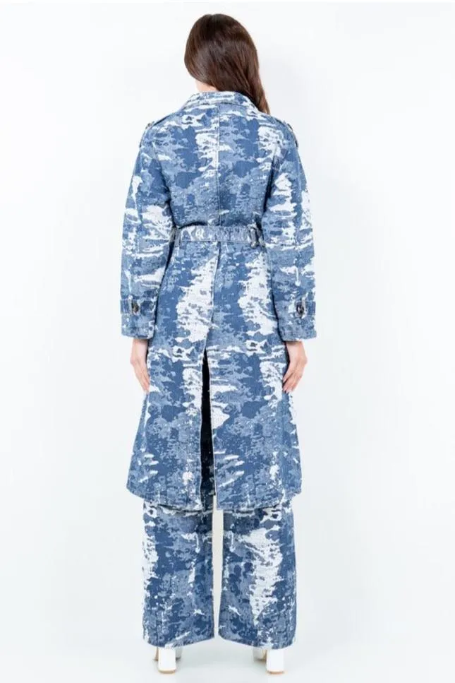 Jacquard Trim Long Trench Coat