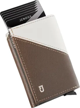 Jenoss Smart Wallet For Men: Full Grain Leather, Handcrafted, Slide Metal Pop Up Case, Slim RFID Blocking Credit Card Holder, Compact 12 Cards Slot Organizers, ID, Money Clip (Brown & Cream)