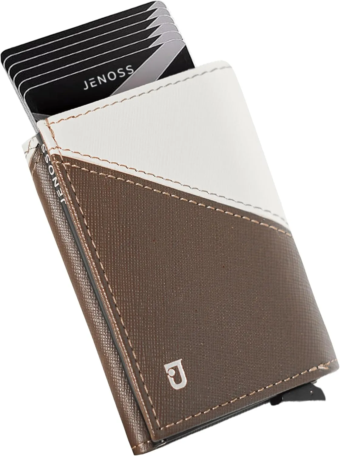 Jenoss Smart Wallet For Men: Full Grain Leather, Handcrafted, Slide Metal Pop Up Case, Slim RFID Blocking Credit Card Holder, Compact 12 Cards Slot Organizers, ID, Money Clip (Brown & Cream)