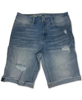 Juniors' High Rise Distressed Cotton Denim Bermuda Shorts