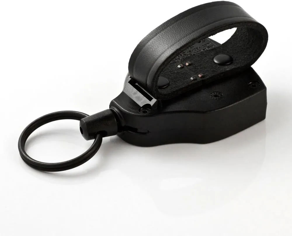 KEY-BAK SUPER48 Locking Retractable Keychain, Durable Polycarbonate Case, Leather Belt Loop, and Oversized Split Ring, Black