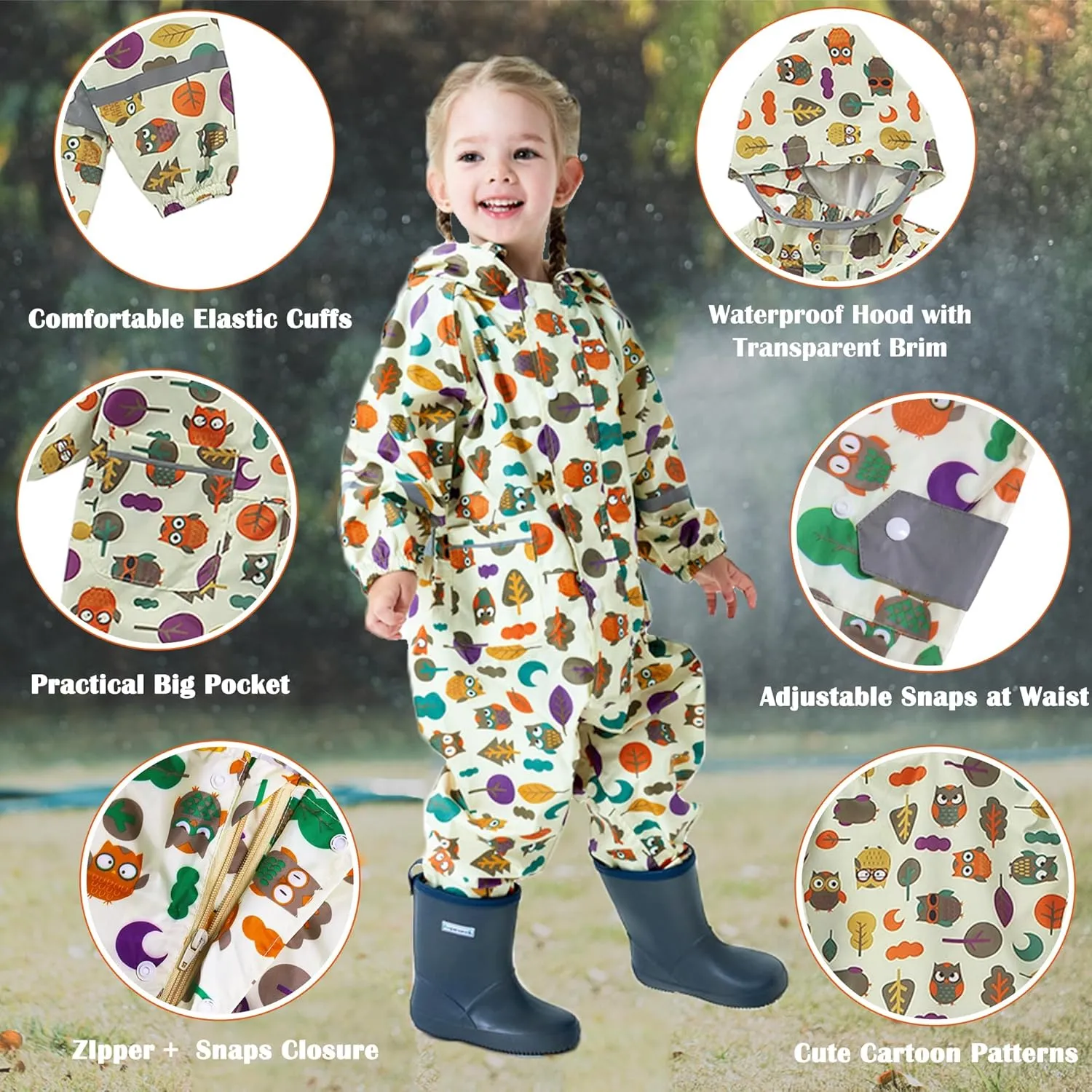 Kids Toddler Rain Suit for Boys Girls One Piece Hoodie Zipper Cartoon Waterproof Coverall Rain Jacket 1-10 Years