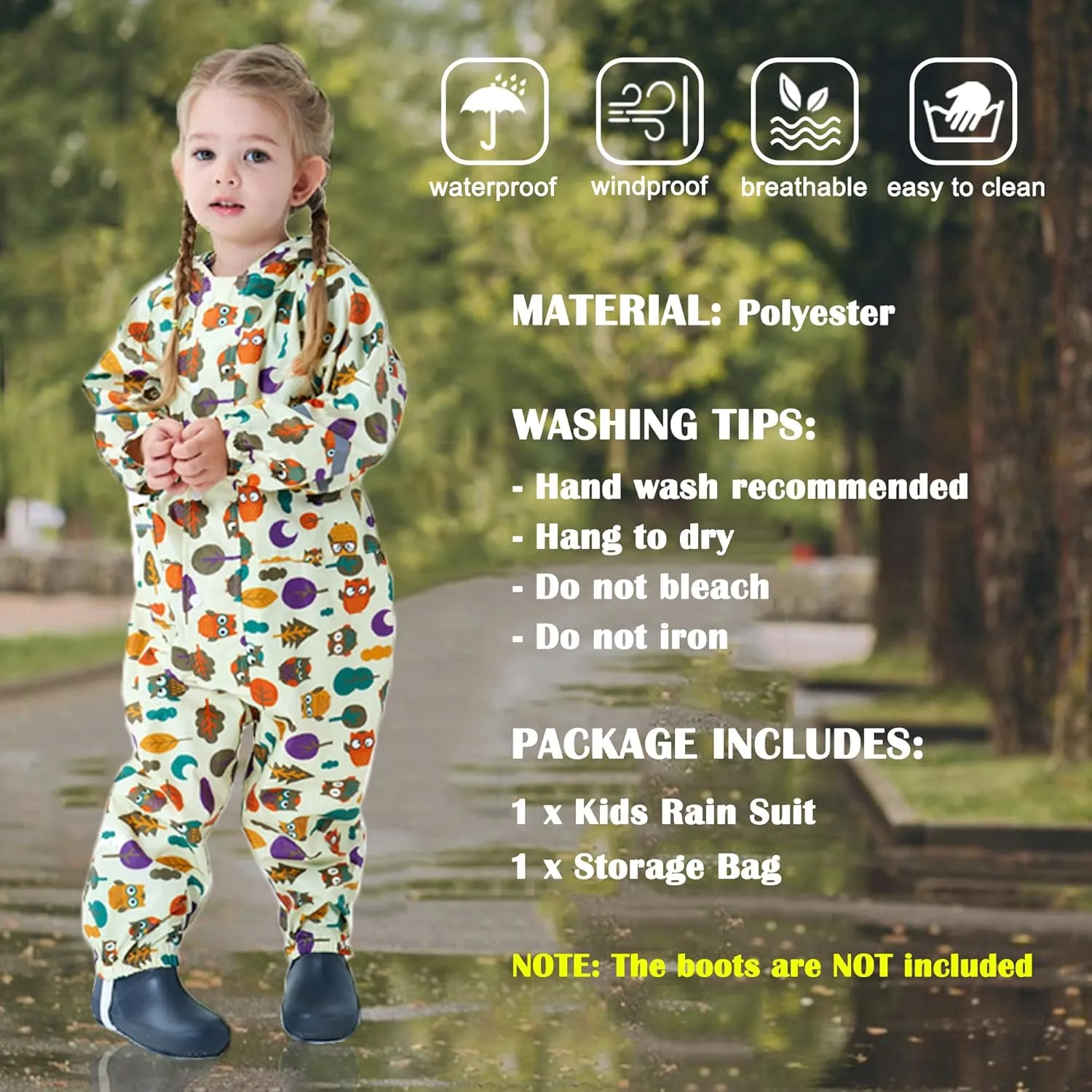Kids Toddler Rain Suit for Boys Girls One Piece Hoodie Zipper Cartoon Waterproof Coverall Rain Jacket 1-10 Years