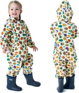 Kids Toddler Rain Suit for Boys Girls One Piece Hoodie Zipper Cartoon Waterproof Coverall Rain Jacket 1-10 Years