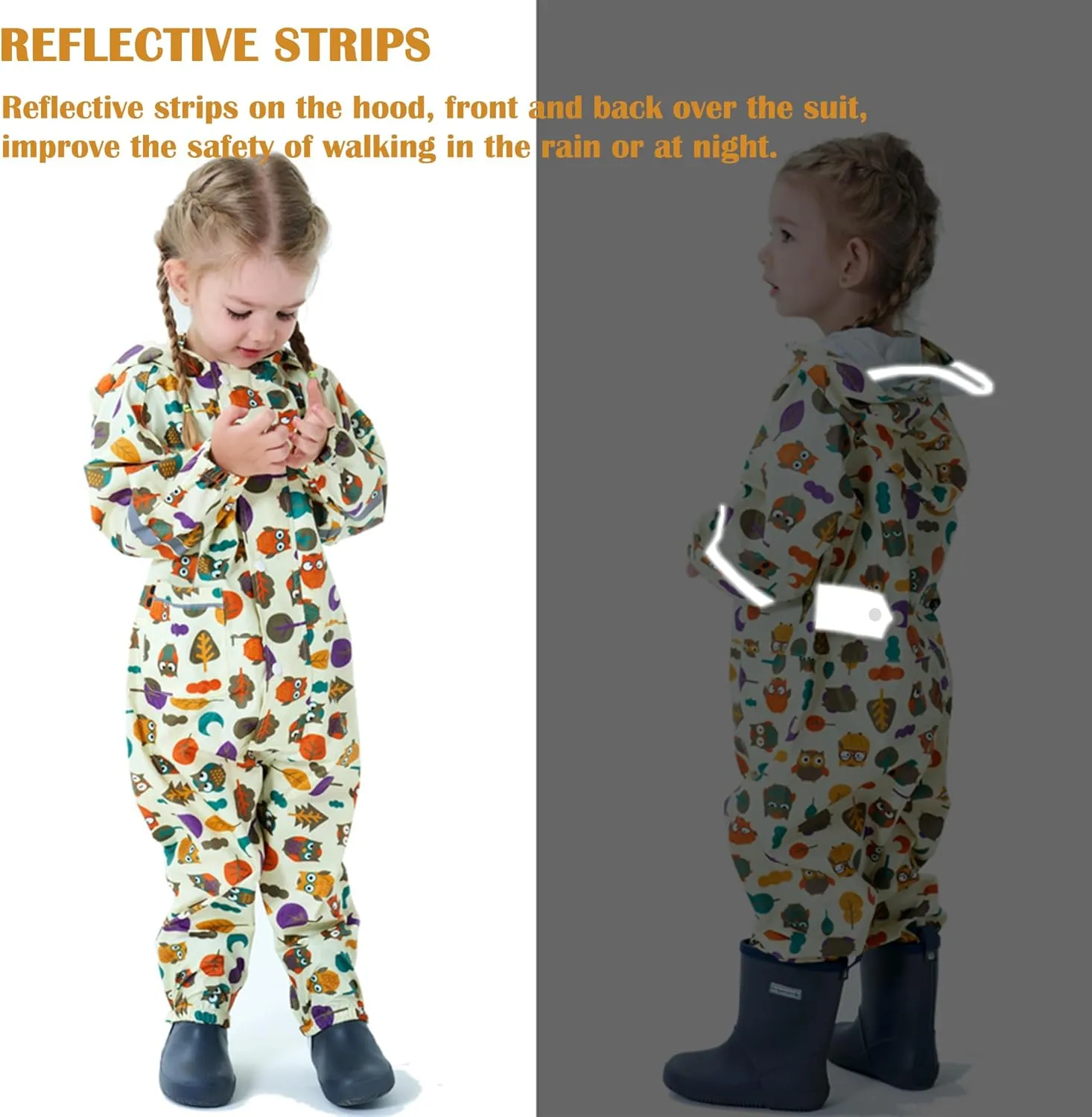 Kids Toddler Rain Suit for Boys Girls One Piece Hoodie Zipper Cartoon Waterproof Coverall Rain Jacket 1-10 Years