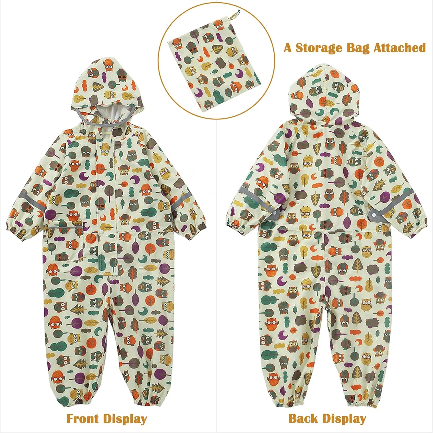 Kids Toddler Rain Suit for Boys Girls One Piece Hoodie Zipper Cartoon Waterproof Coverall Rain Jacket 1-10 Years