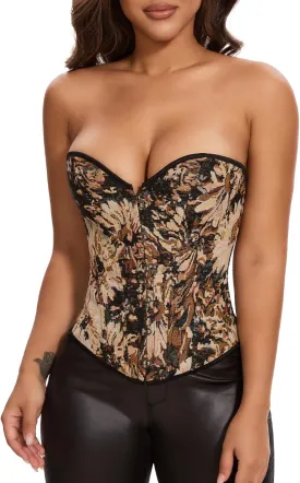 KIWI RATA Women's Sexy Overbust Vintage Denim Corset Floral Pattern Bustier Top Lace Up