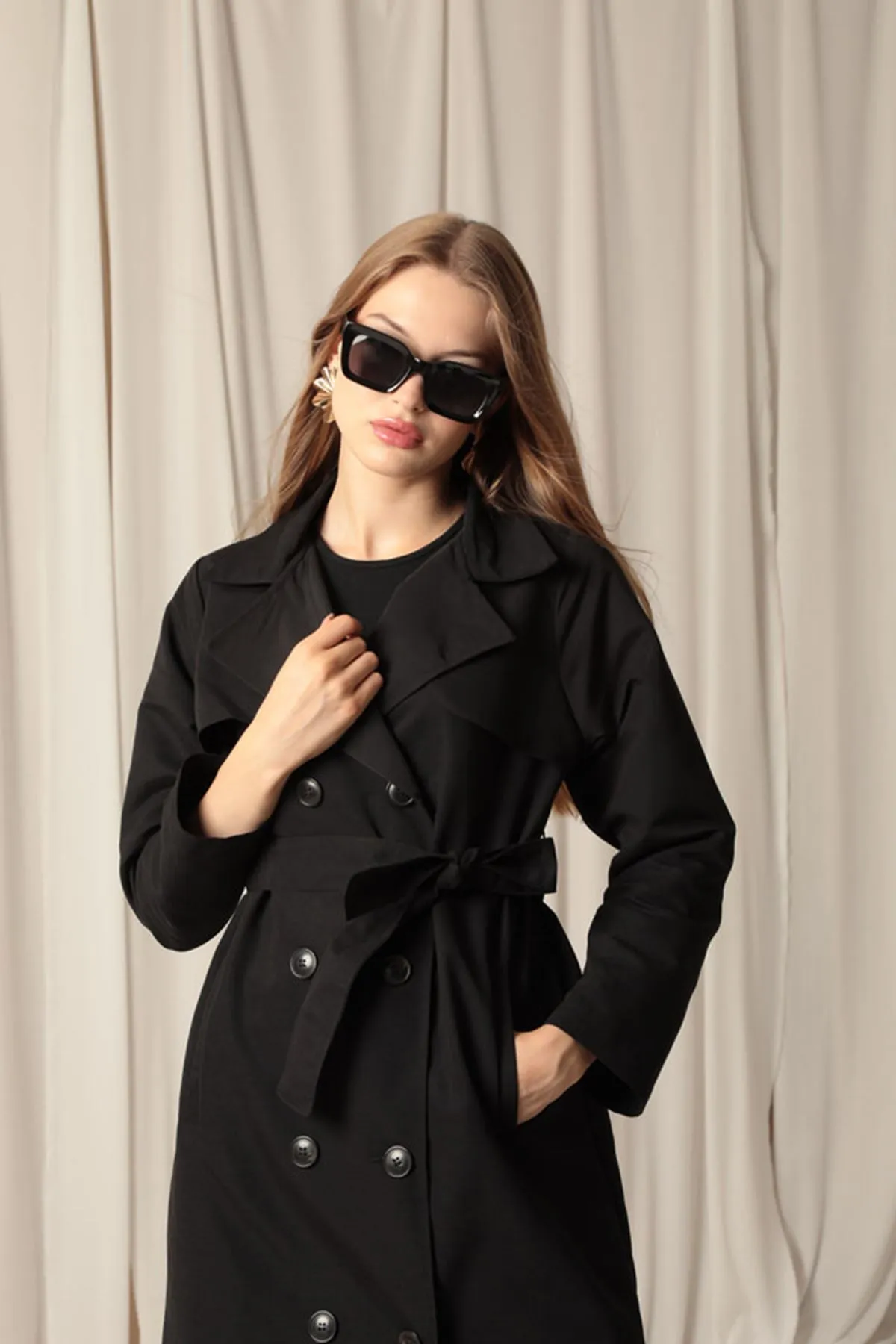 KKT Torino Fabric Liquid Proof Maxi Length Women's Black Trench Coat - Long Beach