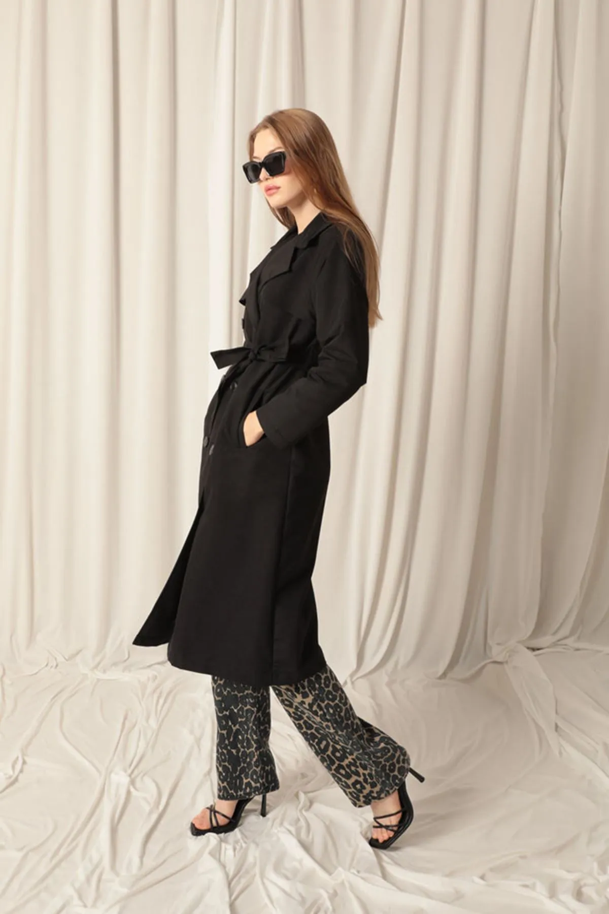 KKT Torino Fabric Liquid Proof Maxi Length Women's Black Trench Coat - Long Beach