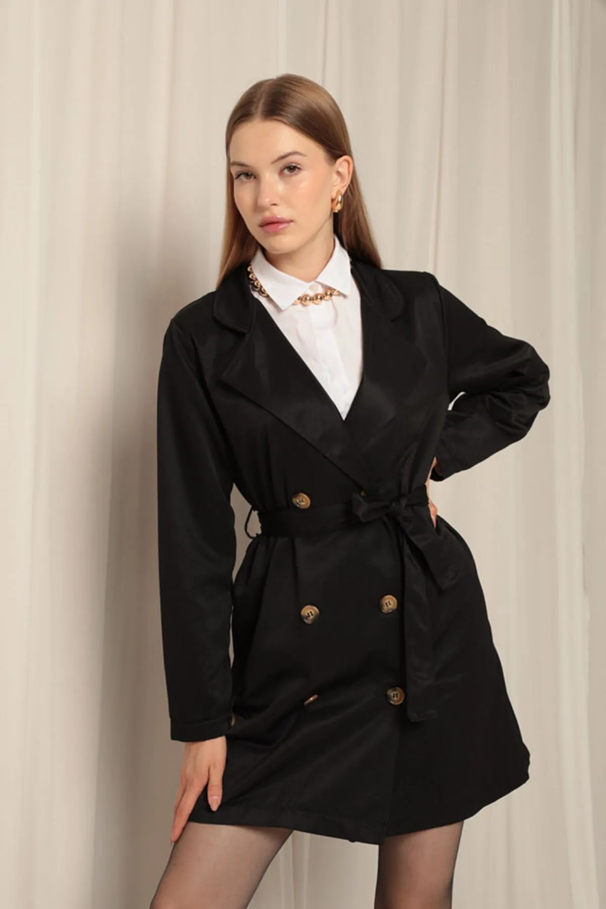 KKT Torino Fabric Liquid Proof Under Hip Length Women's Black Trench Coat - Acilia