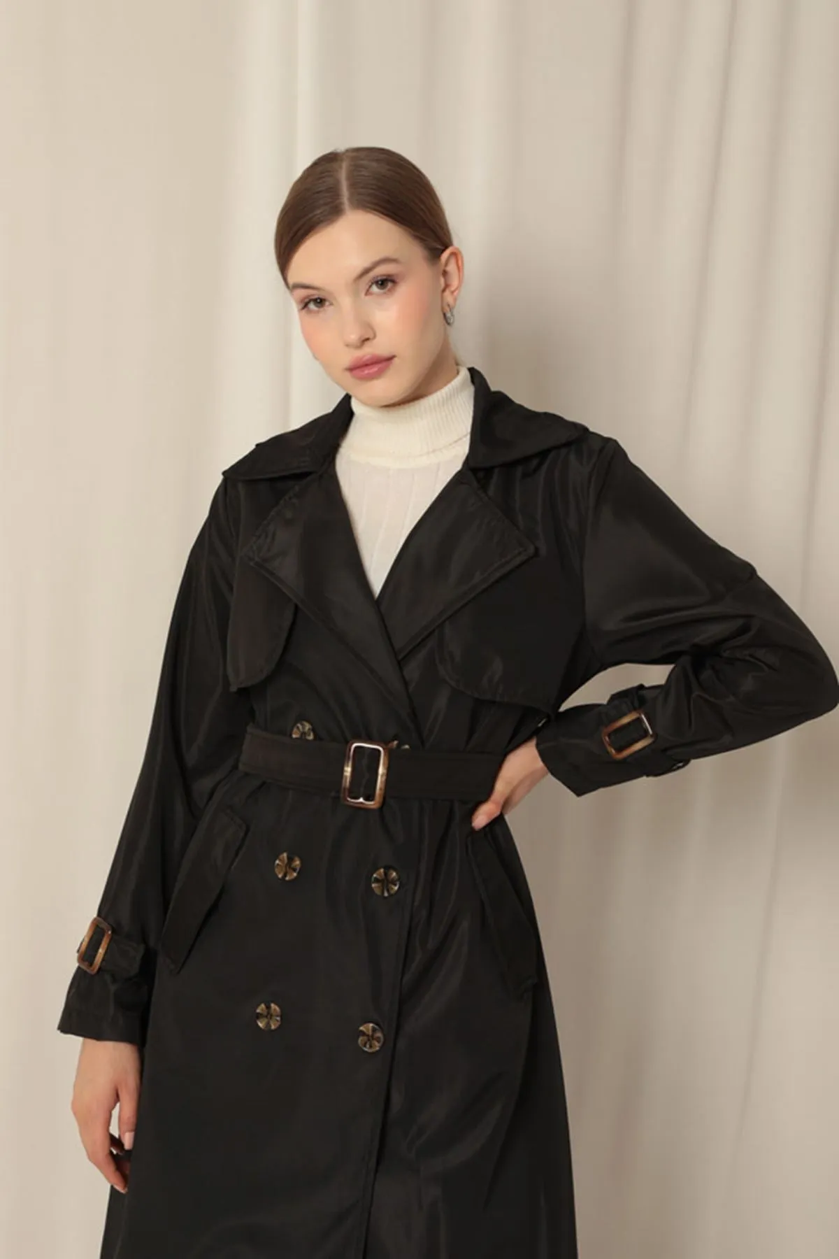 KKT Waterproof Fabric Women's Black Trench Coat - Pinsk