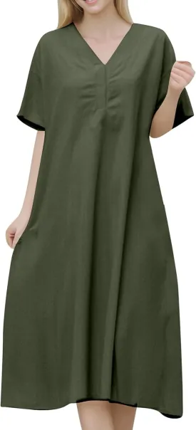 Loose Fit Short Sleeve V Neck Pure Color Blend Long Dress for Plus Size Champagne Dresses