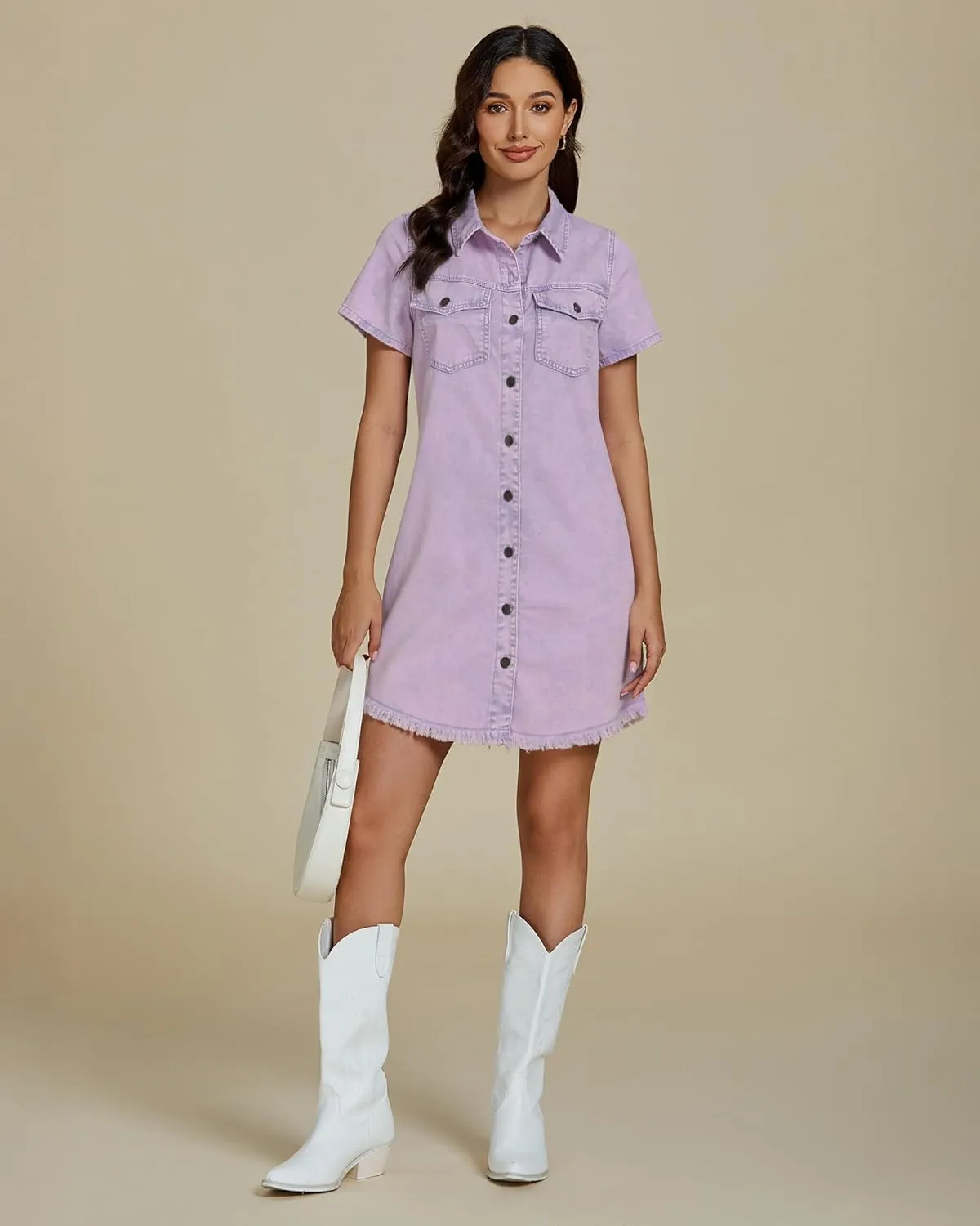 luvamia Denim Dresses for Women Distressed Summer Short Sleeve Button Down Collared Raw Hem Jean Shirt Dress with Pocket